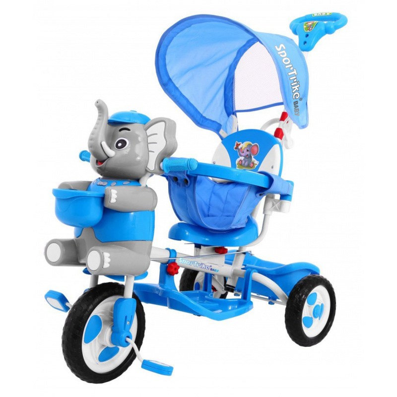 dětské tříkolové kolo Elephant Blue + zvuky + stříška + zábrana + opěrka nohou + rukojeť + ližiny + úložný prostor
