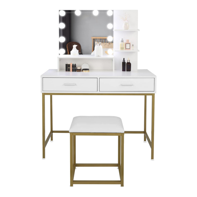 Aga Toaletní stolek se zrcadlem a LED osvětlením + taburet Matný bílý