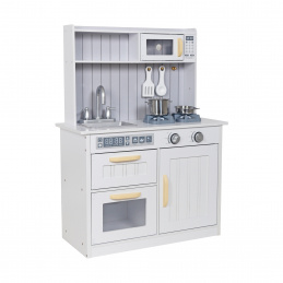 Aga4Kids Dětská dřevěná kuchyňka Grannie s mikrovlnou troubou, dřezem a spíží Bílošedá