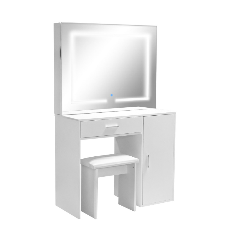 Aga Toaletní stolek se zrcadlem a LED osvětlením + taburet Matný bílý