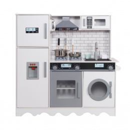 Aga4Kids Dětská dřevěná kuchyňka Hedwig XXL s digestoří pračkou a realistickými efekty Bílošedá